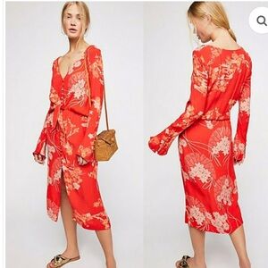 Free People Mixed Print Twist Dress Floral Midi Lightweight Bohemian Dress Sz XS